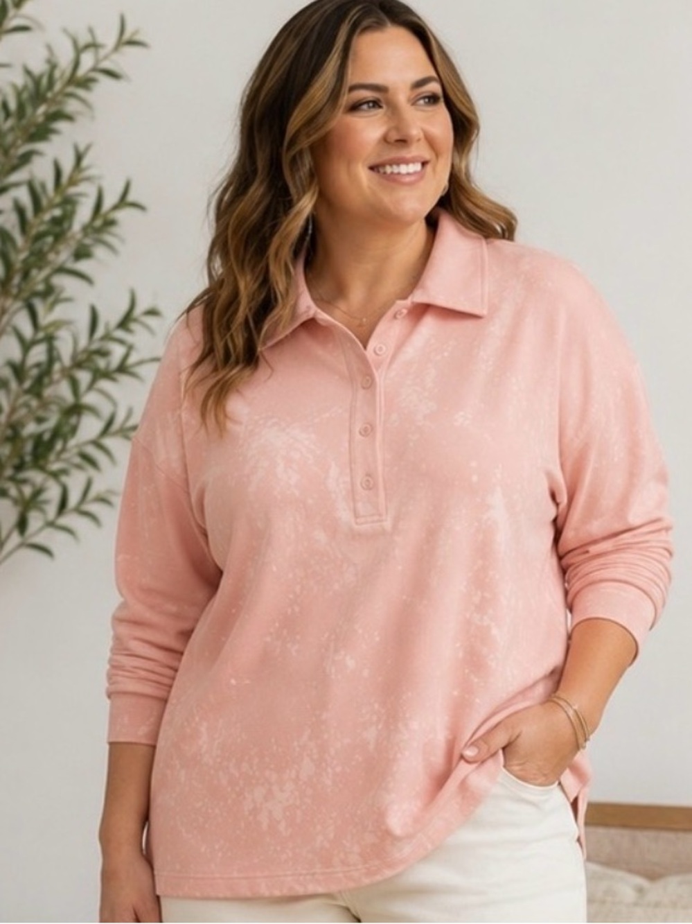 J.Jill FIT Pink Snap Collar Pullover Sweatshirt Large Relaxed Fit